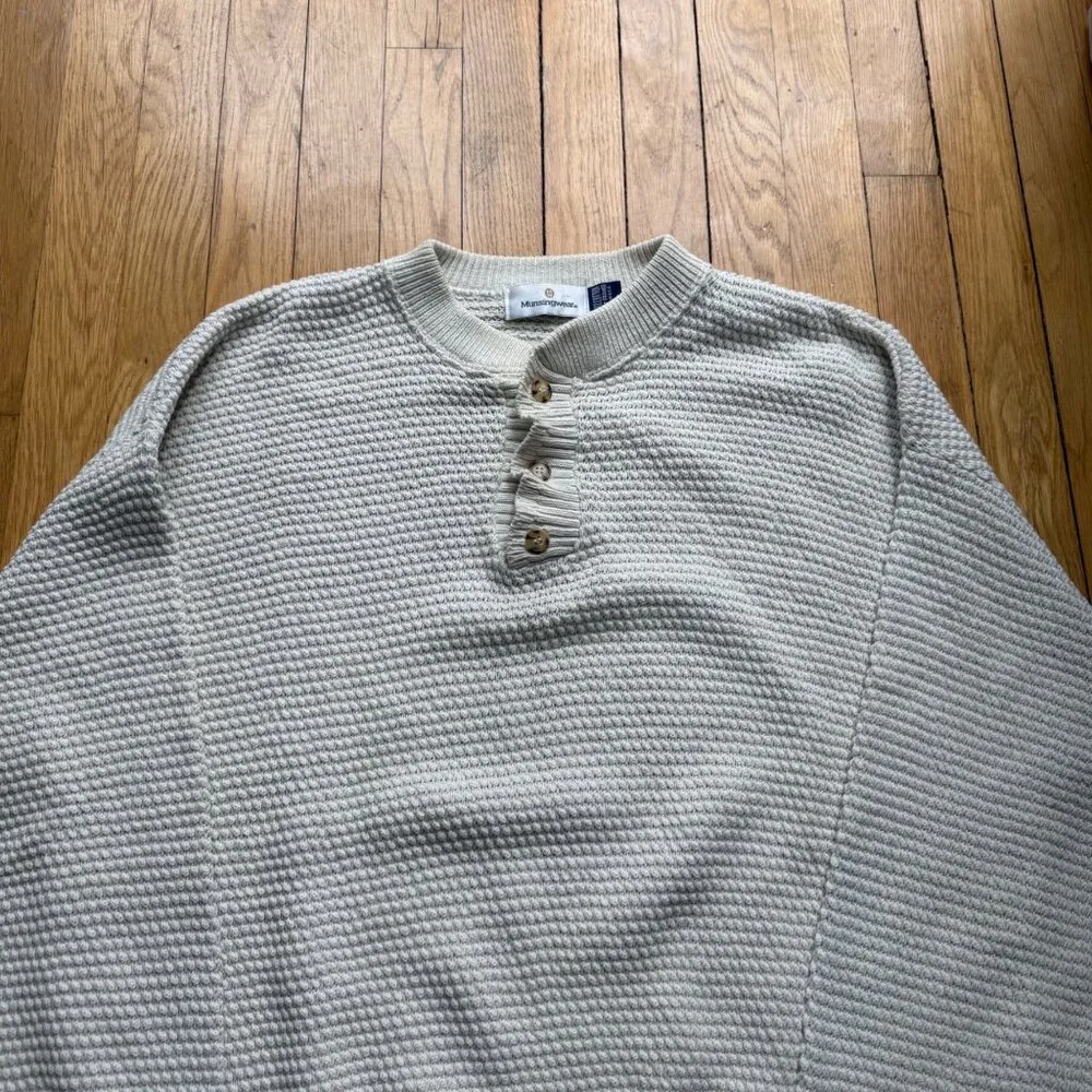 Vintage Henley Fisherman Pullover Sweater Munsingwear Size L Cream Waffle Knit